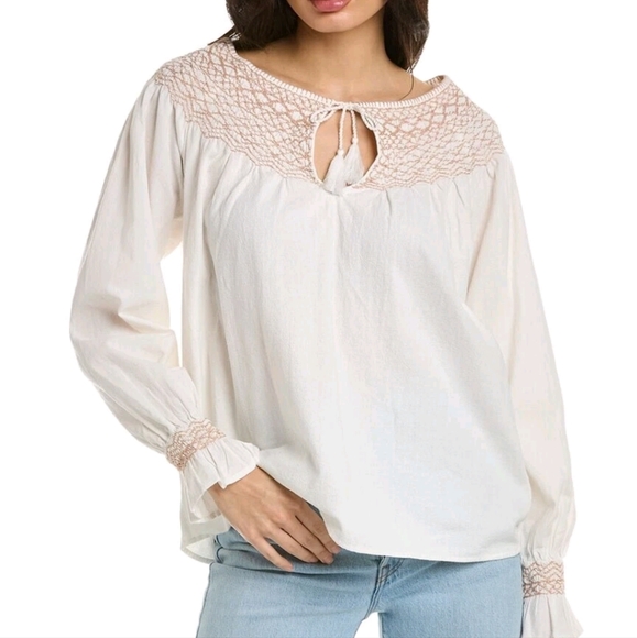 Faherty‎ Laura Peasant Top women's small cream embroidery lightweight Organic - Picture 1 of 8